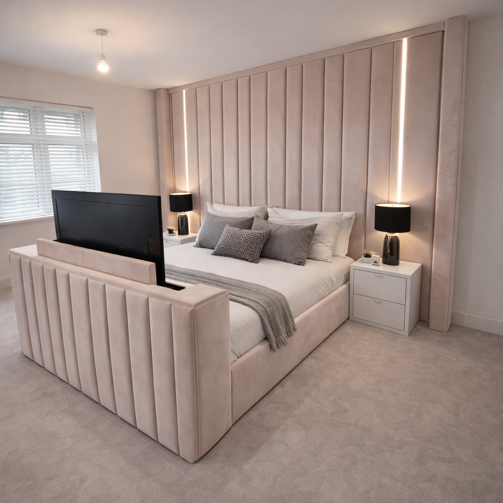 Aurora Wall – Luxury White Wall Panel TV Bed with Optional Ottoman | Somni Beds #SB110